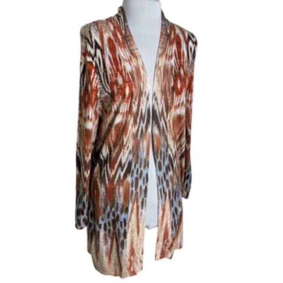 Chico's Tunic Length Multi-Colored Open Front Abstract Long Slv  Cardigan  Sz 2 - Picture 3 of 9
